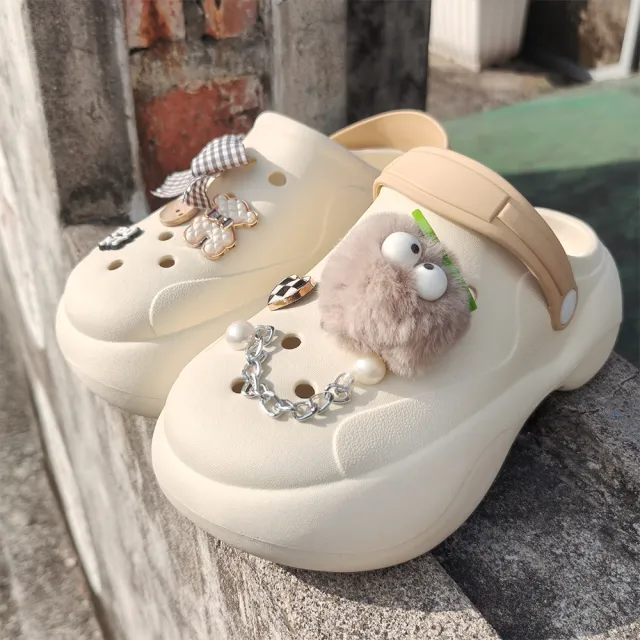 【PONY】多款 毛茸茸少女系 厚底洞洞鞋/雨鞋/拖鞋/防水鞋/泡芙鞋.起司鞋/贈鞋扣(韓系厚底拖鞋/6CM厚底)