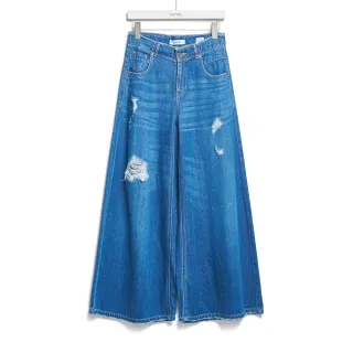 【SOMETHING】女裝 萊賽爾無腰頭超寬褲(石洗藍)