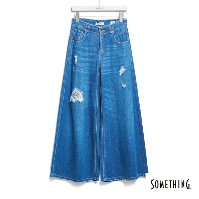 【SOMETHING】女裝 萊賽爾無腰頭超寬褲(石洗藍)