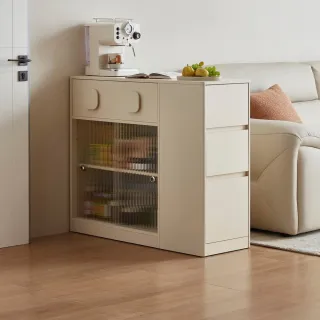 【hoi! 好好生活】預購60天★林氏木業糖磚奶油風多功能玻璃滑門隔間矮櫃 UN1O