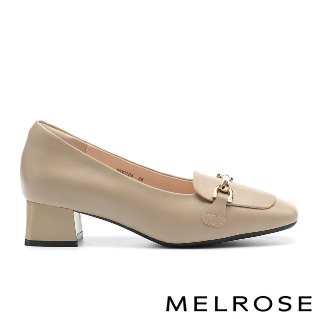 【MELROSE】美樂斯 復古時尚一字釦全真皮樂福方頭高跟鞋(可可)