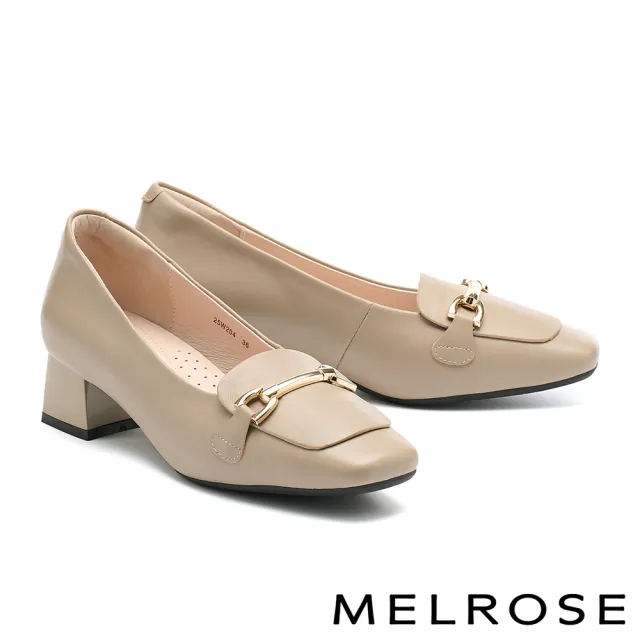 【MELROSE】美樂斯 復古時尚一字釦全真皮樂福方頭高跟鞋(可可)