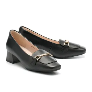 【MELROSE】美樂斯 復古時尚一字釦全真皮樂福方頭高跟鞋(黑)