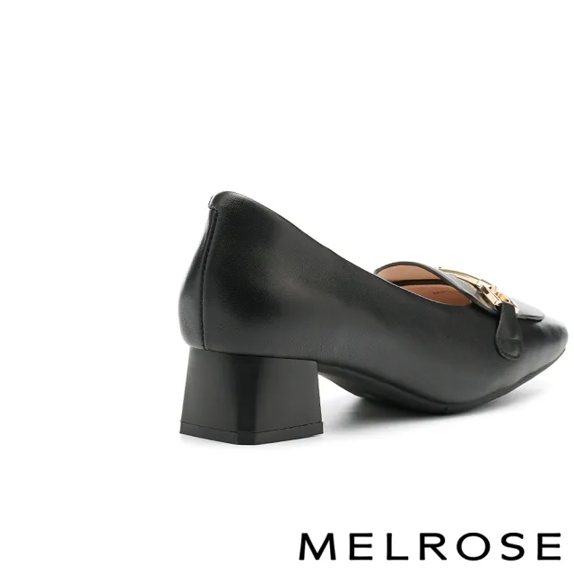 【MELROSE】美樂斯 復古時尚一字釦全真皮樂福方頭高跟鞋(黑)
