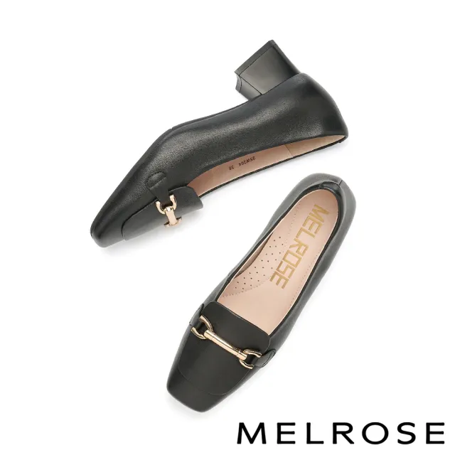 【MELROSE】美樂斯 復古時尚一字釦全真皮樂福方頭高跟鞋(黑)