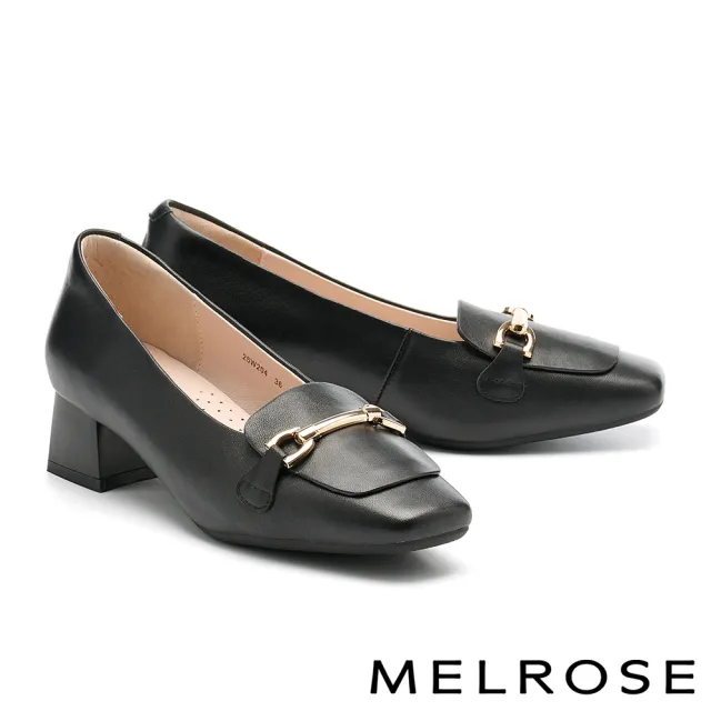 【MELROSE】美樂斯 復古時尚一字釦全真皮樂福方頭高跟鞋(黑)