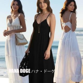 【HANA DOGE ハナ・ドーゲ】歐美度假風浪漫性感V領蕾絲鈎花拼接長洋裝(打卡拍照必備款)