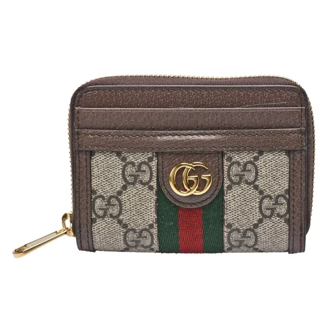 【GUCCI 古馳】經典Ophidia GG印花帆布牛皮飾邊拉鍊零錢包(棕色658552-96IWG-8745)