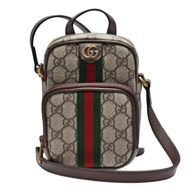 【GUCCI 古馳】經典Ophidia帆布印花綠紅綠織帶皮革飾邊拉鍊手提/斜背包(烏木色671682-96IWT-8745)