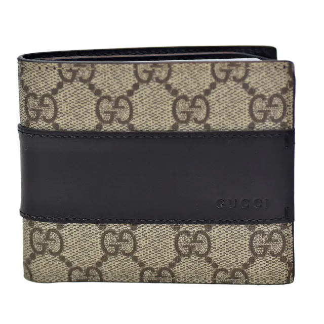 【GUCCI 古馳】經典GG Supreme緹花帆布黑色皮革飾邊折疊短夾(棕/黑451240-KGDHN-9769)（其他規格）