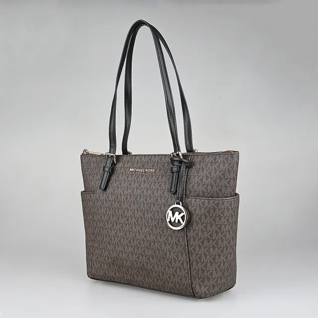 【Michael Kors】MICHAEL KORS Jet Set印花塗層帆布拉鍊手提肩背托特包(深褐x黑)