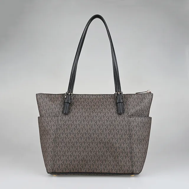 【Michael Kors】MICHAEL KORS Jet Set印花塗層帆布拉鍊手提肩背托特包(深褐x黑)
