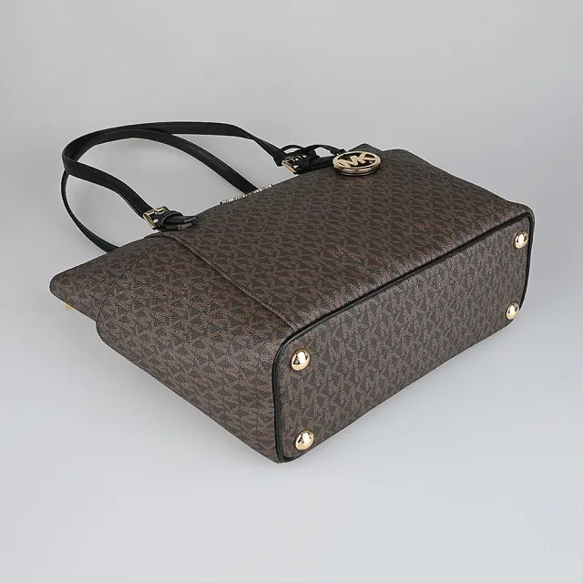 【Michael Kors】MICHAEL KORS Jet Set印花塗層帆布拉鍊手提肩背托特包(深褐x黑)