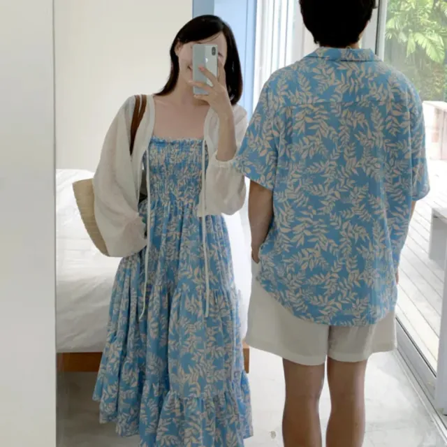 【SeasonsBikini】正韓情侶平口印花連身長洋裝/男款度假上衣-KK03(情侶度假洋裝襯衫)