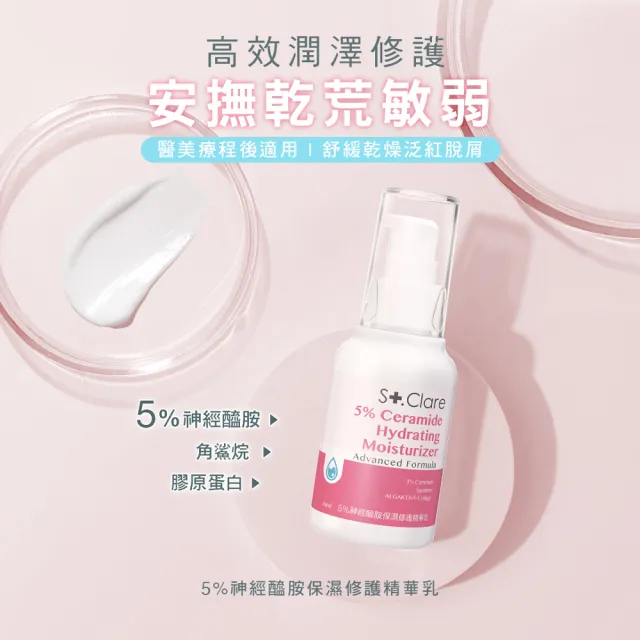 【St.Clare 聖克萊爾】5%神經醯胺保濕修護精華乳50mlx2入組(NMF/角鯊/膠原蛋白/舒緩/醫美療程後適用)