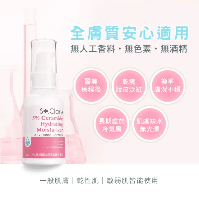 【St.Clare 聖克萊爾】5%神經醯胺保濕修護精華乳50ml(NMF/角鯊/膠原蛋白/舒緩/醫美療程後適用)