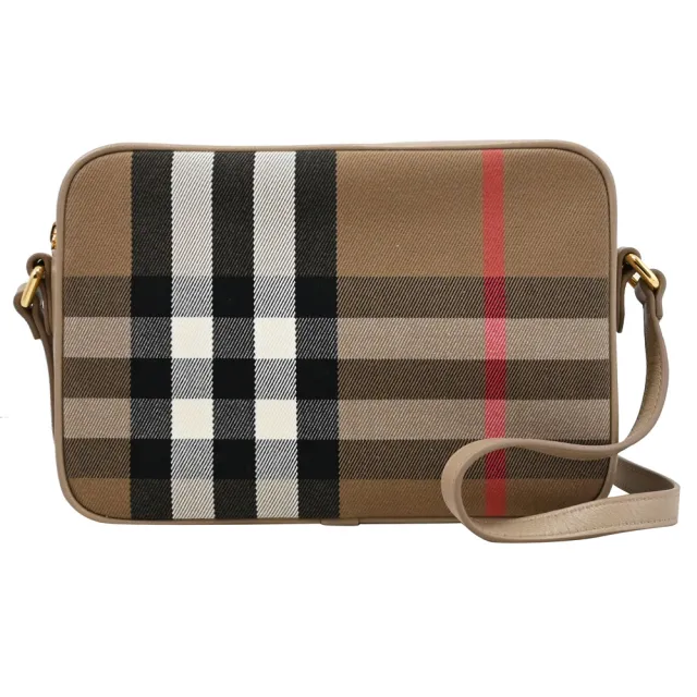 【BURBERRY 巴寶莉】英系經典格紋帆布皮革拼接背方包斜背包(淺褐邊 23.5cm)