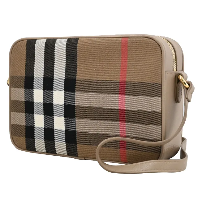 【BURBERRY 巴寶莉】英系經典格紋帆布皮革拼接背方包斜背包(淺褐邊 23.5cm)