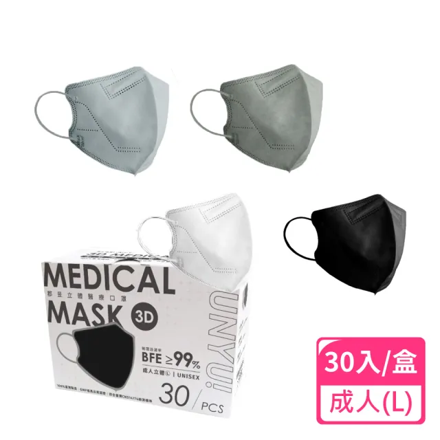 【JUN 郡昱】成人3D立體醫療口罩L-30入/盒-百搭色系(台灣製造 3D口罩 立體口罩)