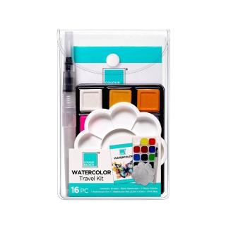 【COLOUR BLOCK】12色水彩粉餅旅行套組 含水筆 水彩本 調色盤 收納袋(隨身水彩 寫生 兒童禮物 美術用品)