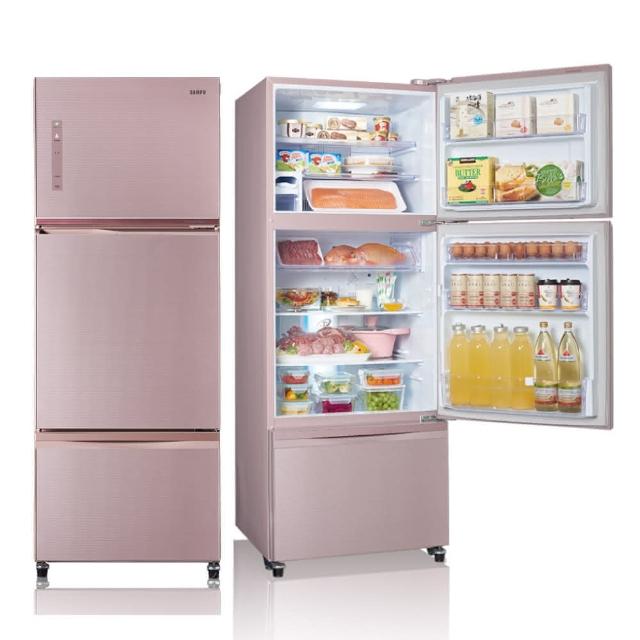 SAMPO 聲寶 475公升一級能效變頻三門冰箱 SR-C48GDV，採用IMD外顯式面板與真空斷熱材技術，節能又靜音。右開設計，寬度66公分，深度71-80公分，無霜功能，容積401L-500L，適閤家庭使用。提供保固服務，顏色為粉色，現代感十足。