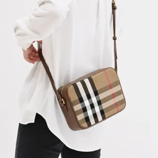【BURBERRY 巴寶莉】英系經典格紋帆布皮革拼接背方包斜背包(咖邊 23.5cm)