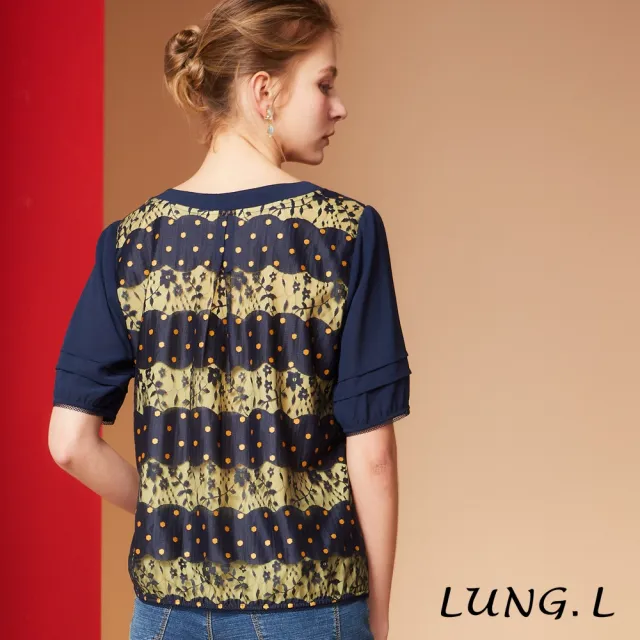 【LUNG.L 林佳樺】LS67A 優雅藍色蕾色微透黃色內層五分袖女裝上衣(春夏新品 加大尺碼)