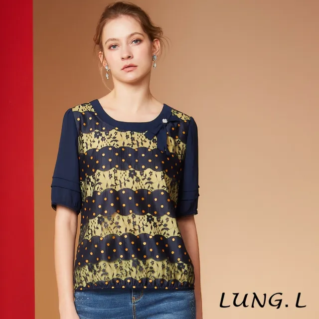 【LUNG.L 林佳樺】LS67A 優雅藍色蕾色微透黃色內層五分袖女裝上衣(春夏新品 加大尺碼)