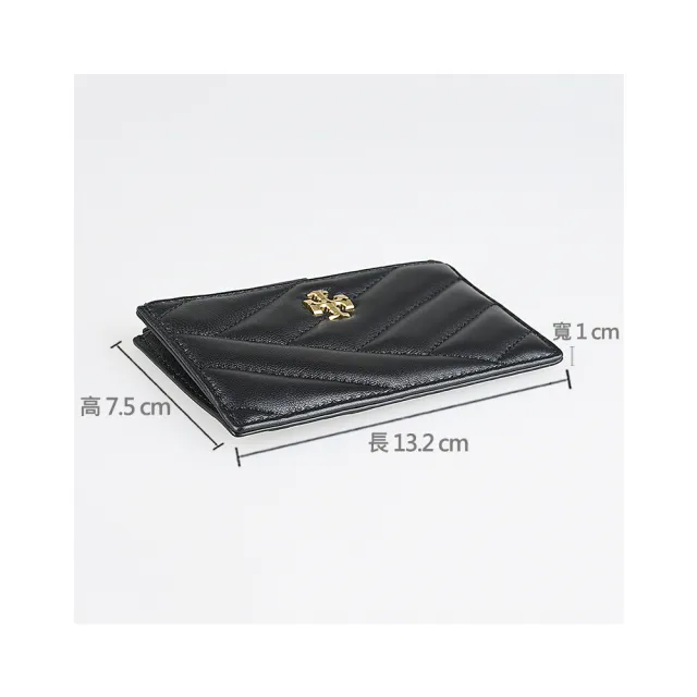 【TORY BURCH】TORY BURCH Kira 黃銅T字LOGO壓紋小牛皮搭尼龍4卡拉鍊零錢卡夾包(黑)