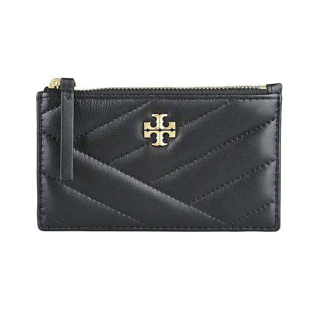【TORY BURCH】TORY BURCH Kira 黃銅T字LOGO壓紋小牛皮搭尼龍4卡拉鍊零錢卡夾包(黑)
