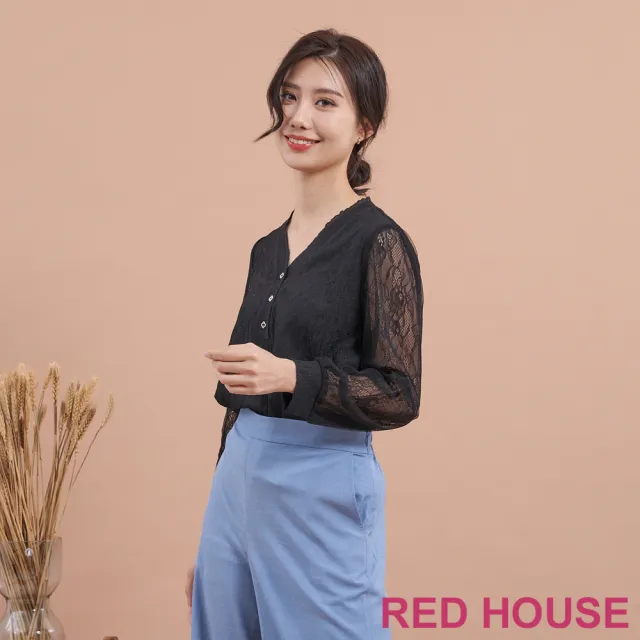 【RED HOUSE 蕾赫斯】氣質蕾絲袖拼接V領上衣(共2色)