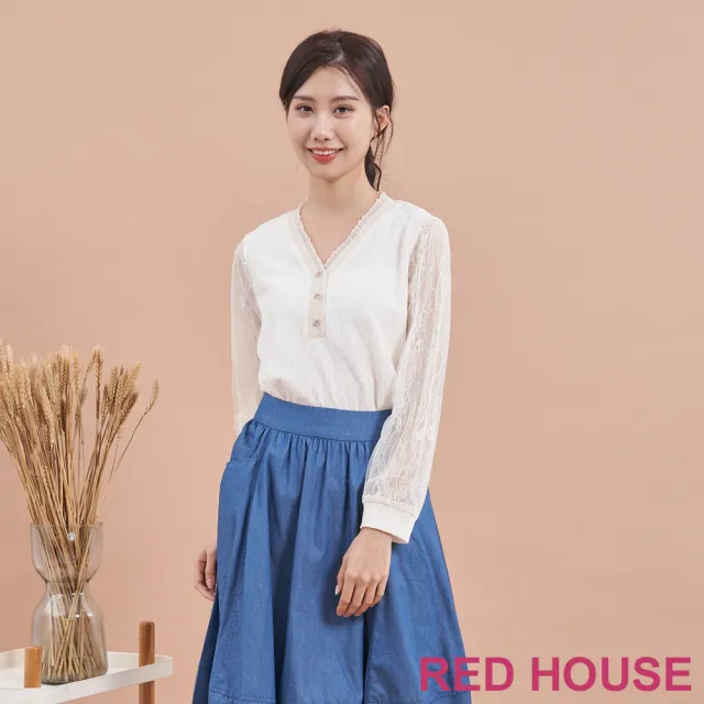 【RED HOUSE 蕾赫斯】氣質蕾絲袖拼接V領上衣(共2色)