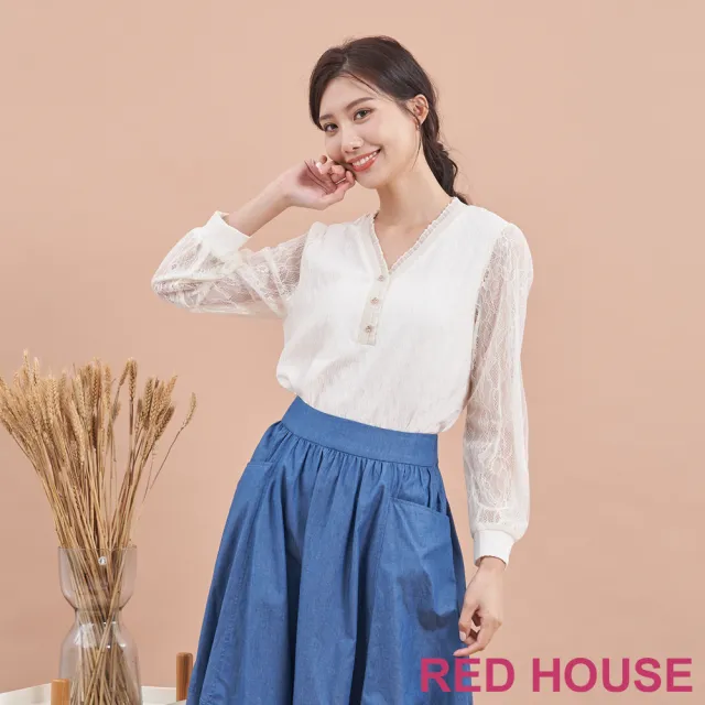 【RED HOUSE 蕾赫斯】氣質蕾絲袖拼接V領上衣(共2色)