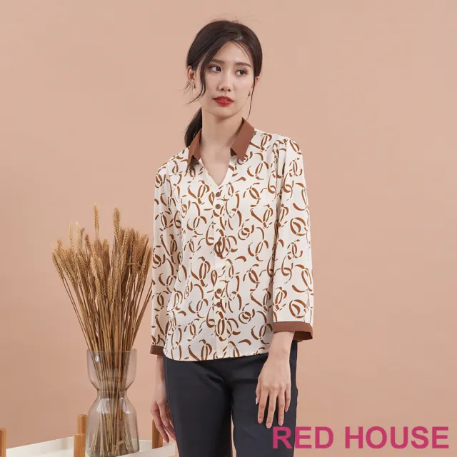 【RED HOUSE 蕾赫斯】復古幾何印花V領襯衫(咖啡色)