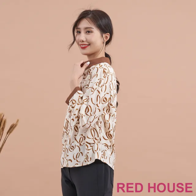 【RED HOUSE 蕾赫斯】復古幾何印花V領襯衫(咖啡色)