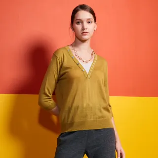 【GLORY21】速達-網路獨賣款-etc.假二件式七分袖V領羊毛針織上衣(芥末黃)