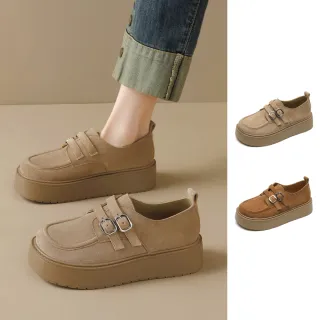 【J&H collection】一字帶厚底勃肯鞋樂福鞋 休閒鞋(杏色/棕色)