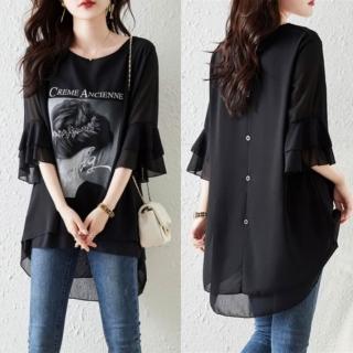 【紐約精品】現貨+預購 女雪紡衫寬鬆襯衫短袖洋裝長袖休閒上衣T恤顯瘦大碼(設計感女生印花n1kb11)