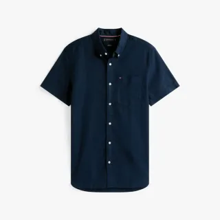 【TOMMY HILFIGER】官方旗艦館棉麻短袖襯衫_藍色