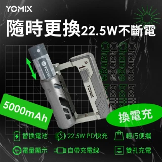 【YOMIX 優迷】換電充 22.5W雙孔快充5000mAh可替換電池行動電源(Type-C/USB/電池充電/小巧便攜/PD快充)