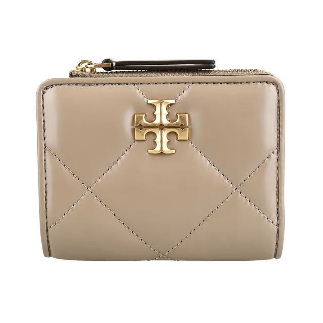 【TORY BURCH】TORY BURCH Kira 金屬T字LOGO菱格納帕皮革內襯帆布扣式拉鍊零錢短夾(灰褐)
