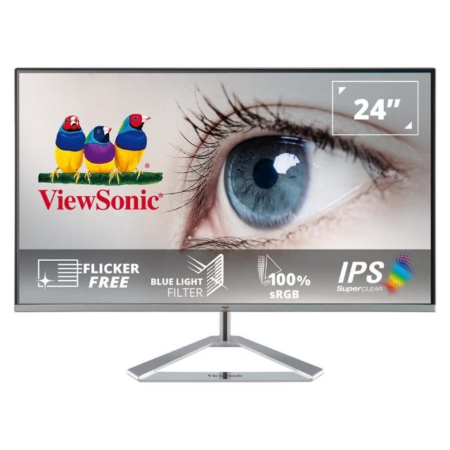  ViewSonic 優派 VX2476-SH 24吋 IPS 面板 LCD 電腦顯示器，採用 Full HD 1920x1080 解析度，提供 1000:1 對比度與 178° 廣視角，亮度達 250cd/m²，支援 16.7M 色彩顯示。內建抗藍光與零閃屏護眼功能，2~5ms 超快反應時間，適合辦公與娛樂使用。具薄邊框設計、可壁掛 VESA 75x75mm，HDMI 與 VGA 輸入介面，WLED 背光節能環保。重量僅 3.5kg，原廠 3 年到府收送保固，透過 BSMI R31374 認證，包裝含電源線、HDMI 線與使用手冊。 