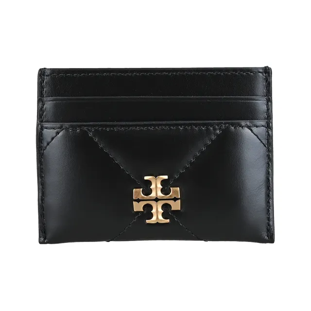 【TORY BURCH】TORY BURCH Kira 金色T字LOGO斜紋絎縫納帕皮革卡片夾(黑)