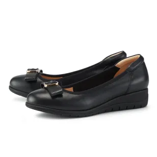 【MAGY】柔雅蝴蝶結牛皮厚底楔型鞋(黑色)