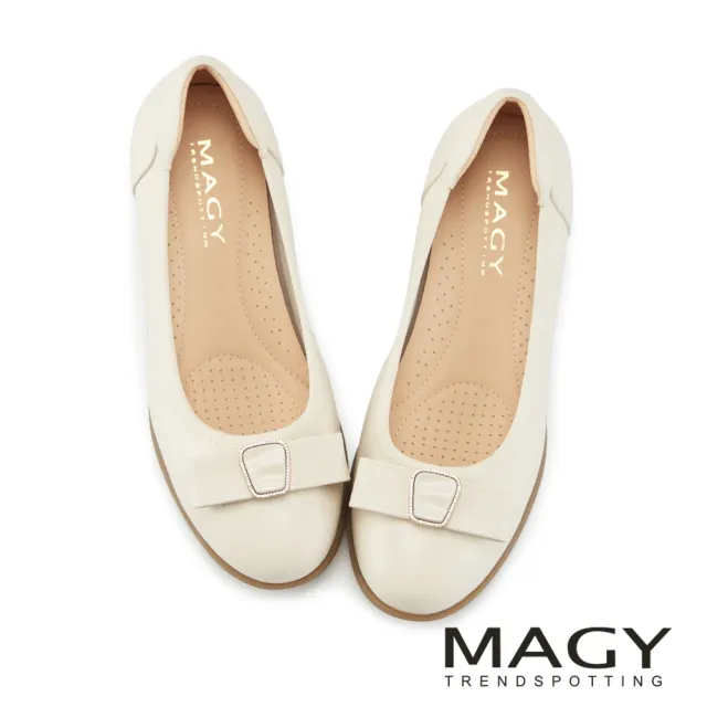 【MAGY】柔雅蝴蝶結牛皮厚底楔型鞋(米色)