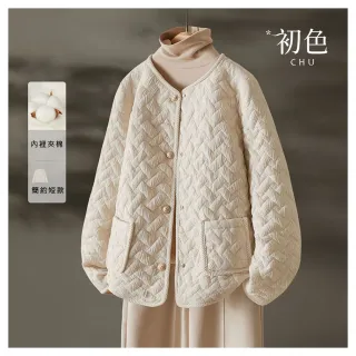 【初色】簡約小香風純色單排釦長袖肌理感外套女外套-米杏色-38981(M-3XL可選/快速出貨)