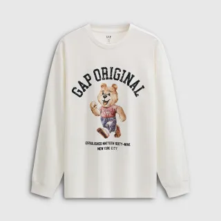 【GAP】男裝 Logo純棉小熊印花圓領長袖上衣-白色(788406)
