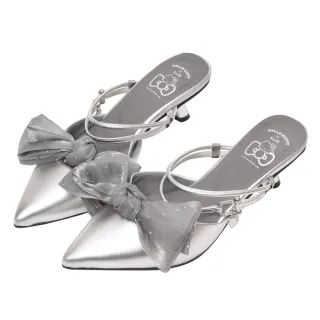 【Ann’S】Ann’S X Sanrio三麗鷗 HELLO KITTY 聯名 愛心電鍍鞋跟 可拆蝴蝶結兩穿尖頭穆勒跟鞋4.5cm(銀)