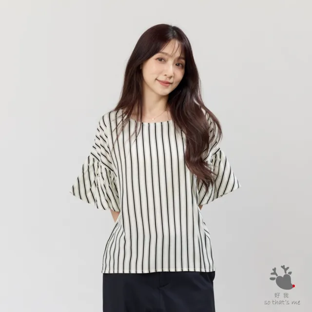 【so that’s me 好我】Lora 荷葉袖圓領直條印花寬版上衣(黑白條)