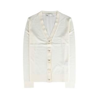【TORY BURCH】TORY BURCH Simone 雙T扣LOGO V領羊毛真絲混紡開襟衫(女款/象牙白)